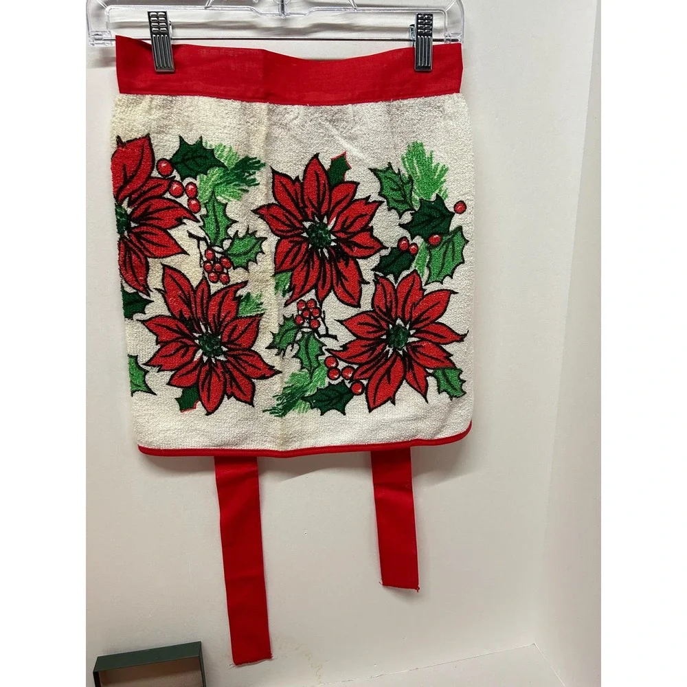 Christmas Holiday Apron, Poinsettias, Terry‎ Cloth Handmade, Small 16